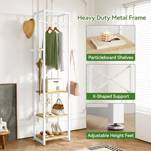 IBUYKE Coat Rack with Shelves, Freestanding Hall Tree with 3 Shelves and 8 Hooks, Industrial Clothes Stand for Entryway, Hallway, Bedroom, Natural UTMJ088R - color: Natural