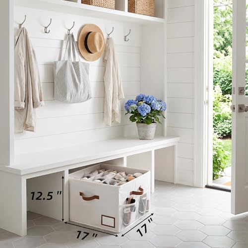 StorageWorks Shoe Organizer for Closet, Shoe Storage Bins with Clear Lid, Fabric Shoe Boxes with Side Mesh Pockets, Closet and Storage Bins for Slippers and Flats, Holds Up to 16 Pairs, Beige - color: Beige, size: Medium-1 Pack