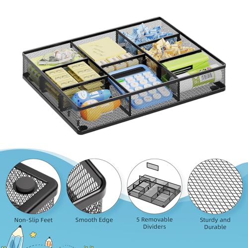 Marbrasse Desk Drawer Organizer, Metal Mesh Drawer Organizer Tray with 5 Adjustable Compartments,Desk Organizers and Accessories for Home,Office,Kitchen,Makeup,Vanity (Black) - color: Black
