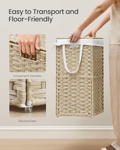 SONGMICS Laundry Hamper with Lid, 23.8 Gallon (90L) Synthetic Rattan Clothes Laundry Basket with Lid and Handles, Foldable, Removable Liner, Summer Sand ULCB051LZ01 - color: Summer Sand, size: 90 L