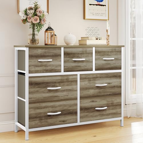 OLIXIS 7 Drawers Dresser for Bedroom, Fabric Storage Tower for Living Room, Entryway - Sturdy Steel Frame, Wooden Top and Easy Pull Fabric Bins, Closet Chests Organizer for Clothes,Oak Greige - color: Oak Greige, size: 11.8"D x 39.4"W x 30"H (7 Drawers)