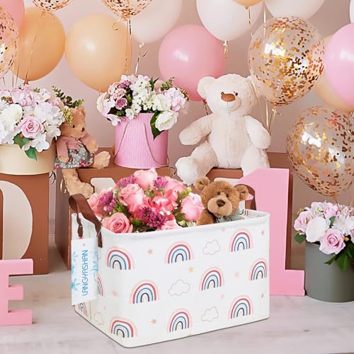 LANGYASHAN Rectangular Storage Bin Collapse Canvas Fabric Cartoon Storage Basket with Handles for Organizing Home Kitchen Boys and Girls Toys Office Closet Shelf Baskets(Rec Cloud Rainbow) - color: Rec Cloud Rainbow