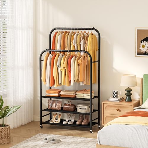 HOMIDEC Double Rods Clothes Rack Clothing Rack with 3 Tier Storage Shelves Clothes Rack for Hanging Clothes Multifunctional Clothes Organizer Bedroom,Wardrobe Closet,Shop,Black - color: Gloss Black
