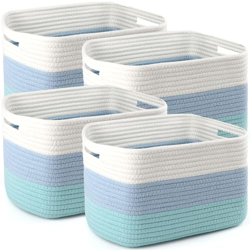 4 Pack Storage Baskets for Organizing, 12''Lx9''Wx8''H Woven Baskets for Storage Toys, Towels, Books, and Clothes, Cotton Rope Basket for Shelves with Handle (White & Blue) - color: White & Blue