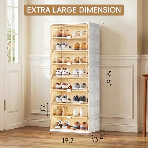 JEKO&JEKO 8 Tiers Foldable Shoe Rack Organizer Cabinet for Closet Entryway, Large Collapsible Shoe Storage Box with Magnetic Doors (White) - color: Single-row, size: 8 Tiers (Standard Tiers Only)
