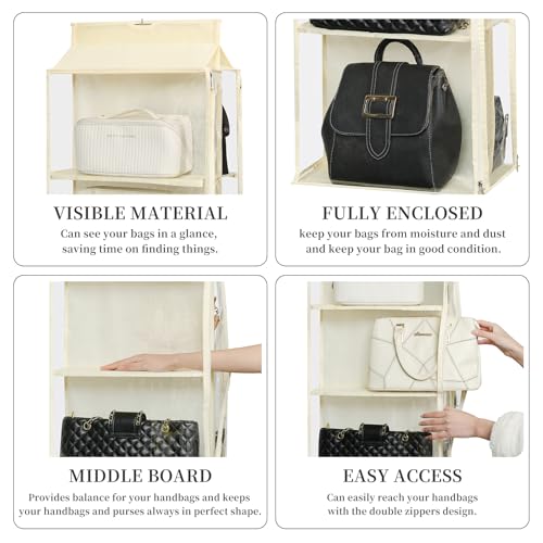 8 Grids in 1 Pack Hanging Purse Handbag Organizer with Double Zippers, Visible Purse Organizer for Closet, Fully Enclosed Purse Storage Holder-Beige - color: Beige, size: Not Rotatable