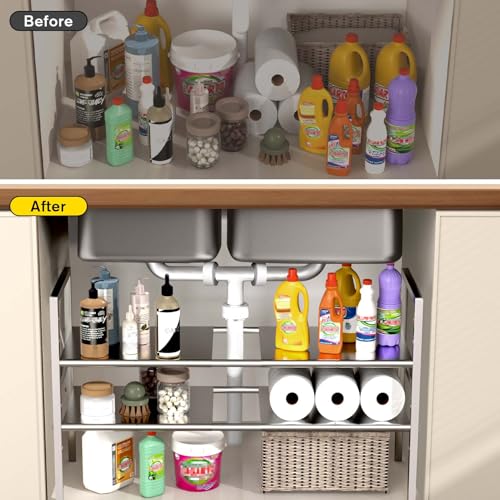 Expandable Under Sink Organizer and Storage, 2-Tier Height Adjustable Under Cabinet Organizer Shelf with 8 Removable Panels for Bathroom Kitchen Multi-Purpose Storage (8 Panels)