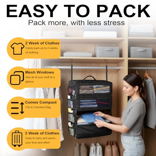 Suitcase Organizer, Travel Luggage Organizer Portable Hanging Travel Shelves Collapsible Hanging Packing Cubes for Carry on Suitcase with 5 Medium Vacuum Storage Bags and Hand Pump,Black