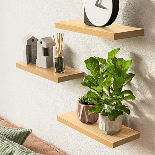 BAYKA Floating Shelves for Wall, Wall Mounted Rustic Wood Shelves for Bathroom, Bedroom, Living Room, Kitchen,Small Hanging Shelf for Books/Storage/Room Decor (Light Oak-Toned, Set of 3, 15.7in) - color: G. Oak-toned - Mid-century Revival Style, size: 15.