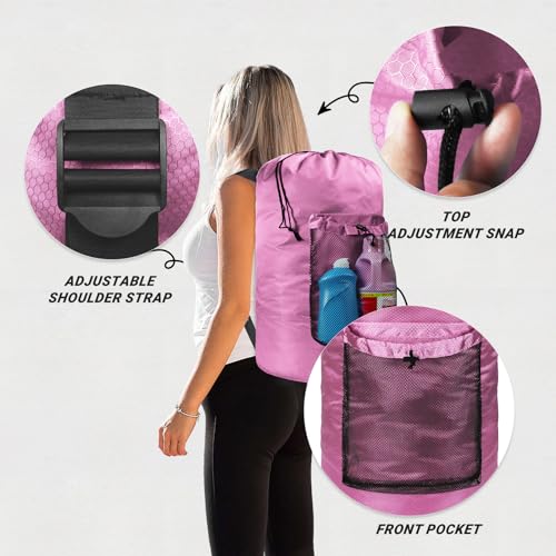Laundry Bag with Shoulder Straps and Mesh Pocket Laundry Backpack Large Portable Laundry Hamper for College Laundromat Apartment - color: Pink