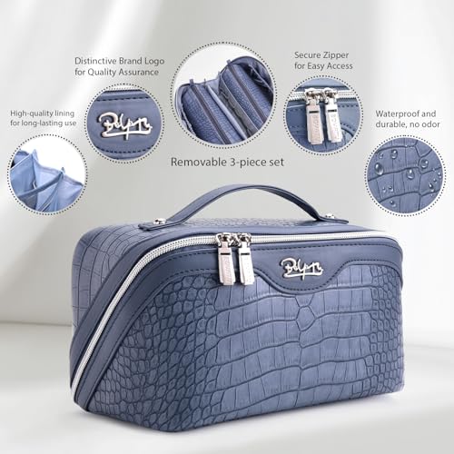 BOYATU Travel Makeup Bag Cosmetic Bags for Women: 3 Pcs Set Large Capacity Make up Bag with Handle - Crocodile Pattern Vegan Leather Toiletry Bags Travel Essentials with Compartments(E-3-Blue) - color: E-3-Blue