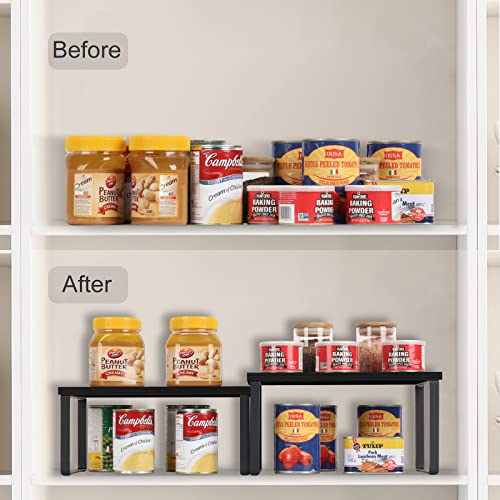 CADUKE Counter Shelf Organizer Set of 2 Kitchen Cabinet Shelves Expandable Countertop Shelves Organizer Wood Cabinet Shelf Black Stackable Storage Rack for Pantry - color: Black 2