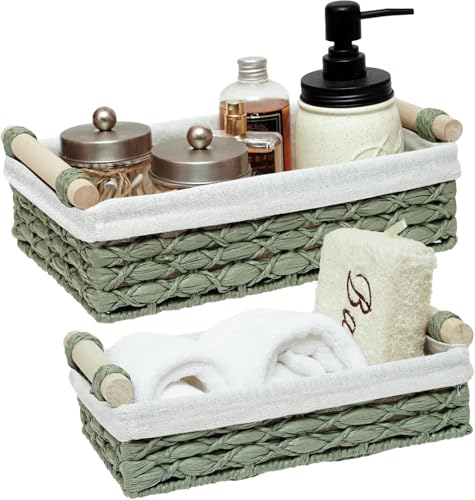 Set of 2 Green Bathroom Basket Organizers with Liner, Paper Rope Wicker Storage Baskets for Shelves, Bathroom Counter & Vanity, Wooden Handles for Towels & Toiletries - color: Green