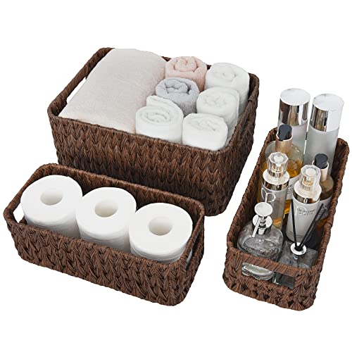 GRANNY SAYS Storage Baskets for Shelves, Waterproof Basket Set for Organizing, Toilet Wicker Basket Tank Topper, Wicker Baskets with Handles, Dark Brown, 3-Pack - color: Brown, size: 14½"L x 10¼"W x 7"H + 2x 13"L x 6"W x 4½"H