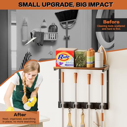 Broom Holder Wall Mount with Cleaning Supplies Organizer, Laundry Room Organization and Storage Shelves, Mop Hanger Broom Rack with Hooks, Home Improvement Kitchen Shelf Garage Organizer - size: Small