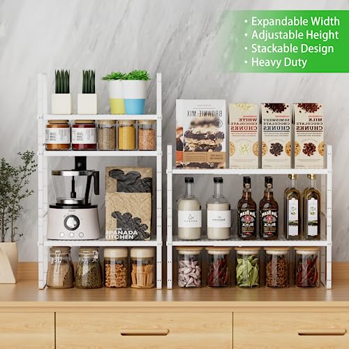 Expandable Cabinet Storage Shelf Stackable Organizer Rack for Kitchen Bathroom Pantry Spice Cupboard Coffee Countertop Home Office Desk Heavy Duty Nonslip White Large 1 Pack - color: White 1 Pack, size: Large - 10.2"W x (16.5"-27.1")L x 9.8"H