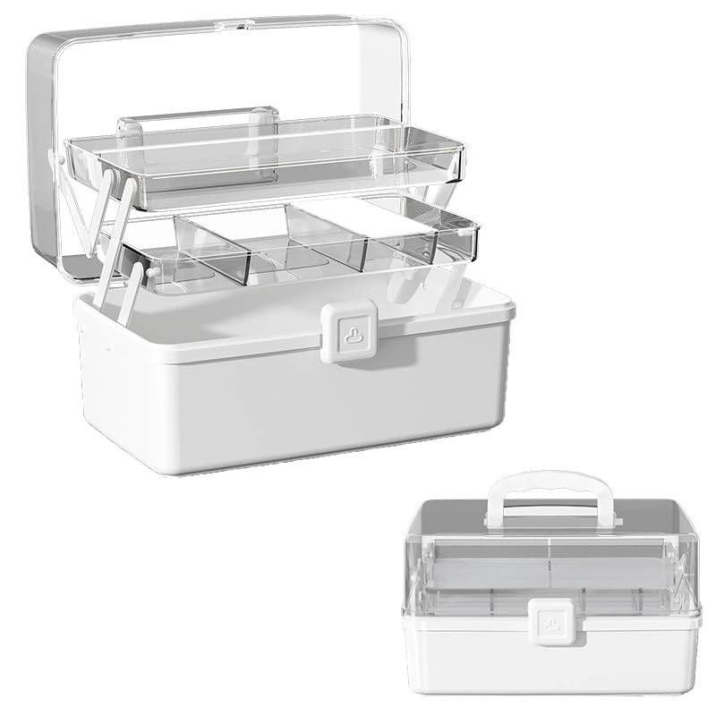 12.9in Three-Layer Multipurpose Storage Box with Handle Portable Tackle Box Folding Art & Craft Case Sewing Supplies Organizer for Makeup, Medicine, Nail, Hair Accessories (White) - color: White