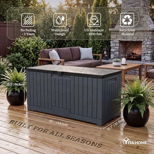 YITAHOME Large Outdoor Storage Box, 120 Gallon Waterproof Resin Deck Box w/Slide-Locking Black Lid, Patio Storage Bin and Bench Seat for Garden Tools, Cushions &Pool Supplies, Easy Assembly, Dark Gray - color: Dark Gray, size: 120 Gallon, style: Deck Box