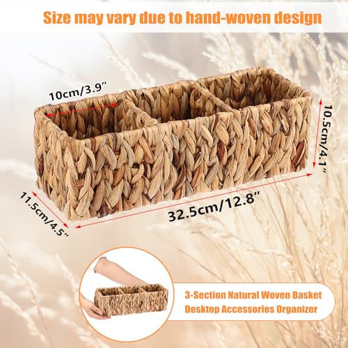 BTSKY Handwoven Remote Control Holder for Table, Natural Water Hyacinth Remote Control Caddy Small Wicker Storage Basket, 3-Compartment Office Supplies Desk Organizer Rustic Makeup Brushes Holder - size: 3-Slot