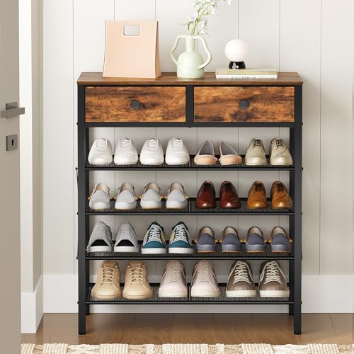 YATINEY 5 Tier Shoe Rack, Large Capacity Shoe Storage Organizer, Metal Shoe Shelf with Drawer and Wooden Top, for 20 Pairs of Shoes, for Entryway, Closet, Rustic Brown and Black SS25BRY1N1 - color: Rustic Brown + Black, size: 27.7" x 10.8" x 37.7"