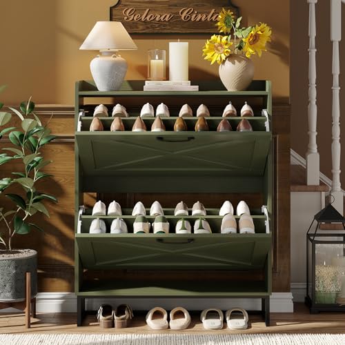 Maupvit Shoe Storage Cabinet with 2 Flip Drawers, Freestanding Shoe Organizer with Metal Legs for Entryway, Narrow Shoe Rack Cabinet, Green - color: Green, style: 2-Drawers