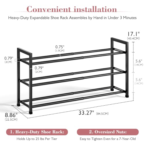 Bumusty 3-Tier Expandable Shoe Rack for Closet, 18“-33” Adjustable Shoe Rack for Small Space, Small Shoe Organizer for Front Door, Sturdy Metal, Black - color: Black, size: 3-Tier