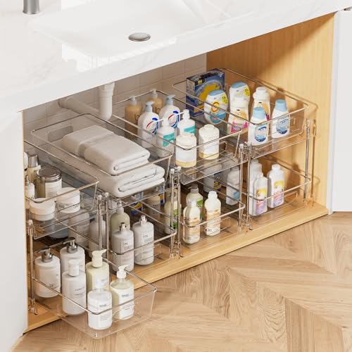 Vtopmart 4 Pack Bathroom Organizer, 2 Tier Clear Under Sink Organizers Vanity Countertop Storage Container,Cabinet Drawers Bins, Pull-Out Organization with Track for Pantry, Kitchen - color: Transparent, size: S-Standard (4 Pack)