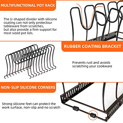 Pot Rack Organizer -Expandable Pot and Pan Organizer for Cabinet,Pot Lid Organizer Holder with 10 Adjustable Compartment for Kitchen Cabinet Cookware Baking Frying Rack,Bronze - color: BRONZE