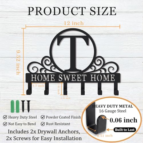 Metal Letter T Key Holder for Wall, Monogram Coat Rack Wall Mount, Key Hooks Perfect for Bathroom, Living Room, Kitchen, Office Ideal Wedding, Anniversary, Housewarming Gift (T) - style: T
