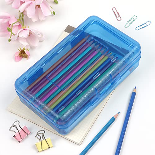 Tamaki 1 Pack Plastic Pencil Box Large Capacity Pencil Boxes Clear Boxes with Snap-tight Lid Stackable Design and Stylish Office Supplies Storage Organizer Box, Blue - color: Blue