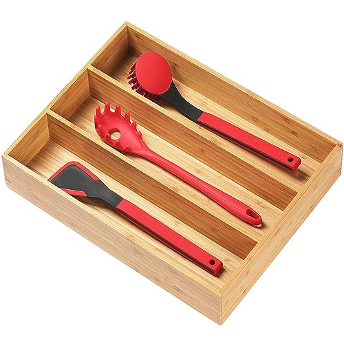 Umilife Bamboo Kitchen Utensils Organizer, 13 Inch Drawer Dividers for Silverware, Extra Deep Holder, with Non-Slip Feet, Wood Caddy for Flatware Cutlery - size: 13 x 17 inch (3 Slots)