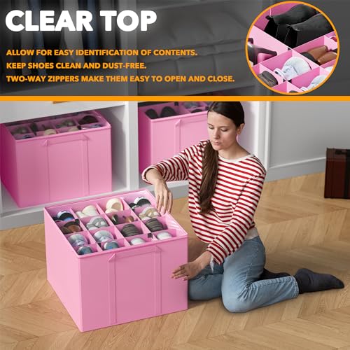 SpaceAid Shoe Organizer for Closet, 2 Pack Foldable Shoe Storage Containers Baskets Boxes Bins w/Adjustable Dividers, Fits 16-32 Pairs, Pink - color: Pink