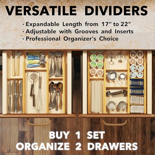 SpaceAid Bamboo Drawer Dividers with Inserts and Labels, Kitchen Adjustable Drawer Organizers, Expandable Organization for Home, Office, Dressers, 7 Dividers with 15 Inserts (17"-22" Natural) - color: NATURAL, size: 2.35''H, 17''-22''L, 7 Dividers