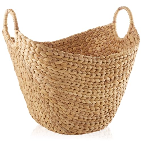 Casafield Large Laundry Boat Basket with Handles - Natural, Woven Water Hyacinth Multipurpose Storage Organizer for Throw Blankets, Bathroom, Bedroom, Living Room