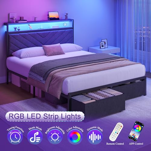 Fluest Full Bed Frame with 2 Drawers, Upholstered Headboard with Storage and Charging Station, LED Lights, Fabric Drawers with Wheels, Under Bed Storage, No Box Spring Needed, Easy Assembly, Grey - size: Full