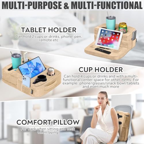 TabCouchCaddy - Couch Cup Holder Tray Pillow - Bed, Couch Caddy, Sofa, RV & Car - Holds Drinks, Snacks, Remotes, Phones, Kindle, Tablet | Bed Cup Holder (Beige) - color: Beige