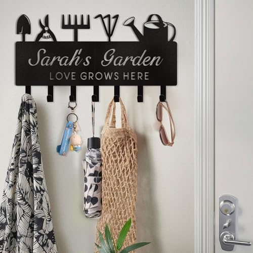 Dyoart Personalized Key Holder for Wall, Custom Name Wall Mounted Black Key Hanger with Horticultural Garden Design, Key Racks Organizer for Hallway Entryway Front Door Storeroom Decor - color: 06 Gardening