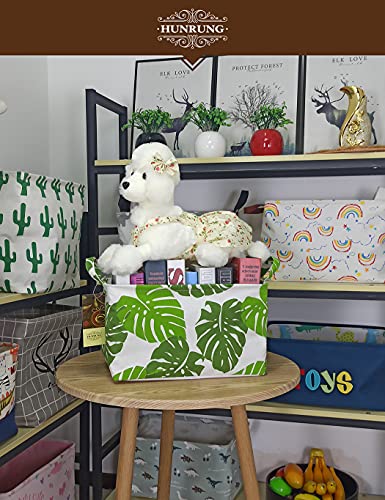HUNRUNG Rectangle Canvas Storage Basket Foldable Waterproof Toy Organizer Bin with Handles Fabric Collapsible Storage Bins for Shelves Kids Room Playroom Nursery Clothes and Pet Supplies(Leaf) - color: Leaf