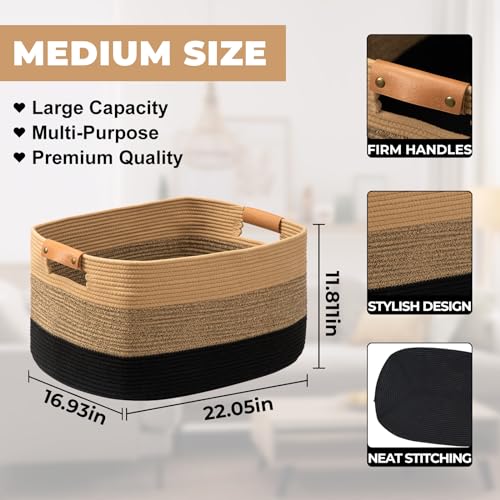 danpinera Large Blanket Basket for Living Room,72 L Rectangle Toy Storage Basket for Nursery Room, Woven Rope Storage Box with Leather Handle, 22’’*17’’*11.8’’, Gradient Linen - color: Gradient linen, size: 72L