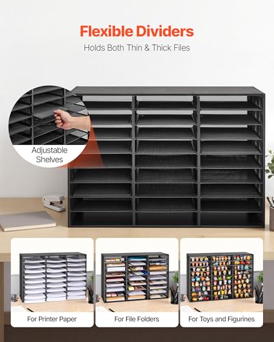 VEVOR Literature Organizer, 27 Compartments Metal Office Mailbox with Detachable Wire Mesh, Mailbox Sorter with Wooden Top, Countertop Office Home Storage Organizer for File, Document, Paper, Black