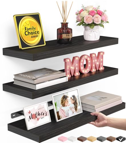 BAYKA Floating Shelves for Wall, Wall Mounted Rustic Wood Shelves for Bathroom, Bedroom, Living Room, Kitchen, Hanging Shelf for Books/Storage/Room Decor with 22lbs Capacity (Black, Set of 3, 15.7in) - color: A. Black - Universal Classic Style, size: 15.7
