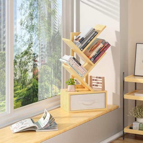 SHEEPAM Small Book Shelf with Drawer,4 Tier Black Tree Bookshelf,Wooden Desktop Bookcase,Modern Desk Display Storage Bookshelves,Floor Standing Organizer Bookcases for Living Room,Bedroom,Office - color: Natural, size: 4 Tier