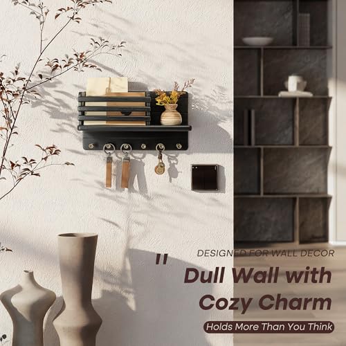 Rebee Vision Pine Wood Key Holder Wall Mount - Farmhouse Key Holder for Wall with Floating Shelf & 6 Hooks - Mail Organizer for Home Improvement, Apartment Essentials (Black) - color: Black