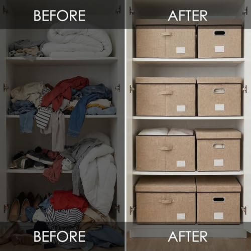 PRANDOM Storage Bins with Lids [3-Pack] Jute Fabric Foldable Storage Boxes Organizer Containers Baskets Cube with Cover for Home Bedroom Closet Office Nursery khaki（23.4X15.9X11.5 - color: Khaki, size: XL(3-Pack)