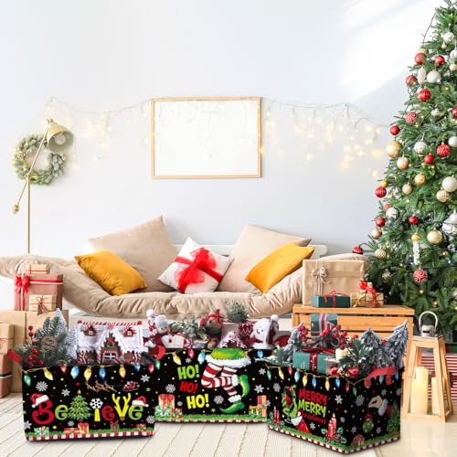 Geelin 3 Pcs Green Christmas Baskets Storage Black Green Merry Christmas Basket for Gifts Collapsible Waterproof Canvas Xmas Storage Bin Organizer with Handles for Book Closet Shelf Nursery Decor - style: Green Christmas