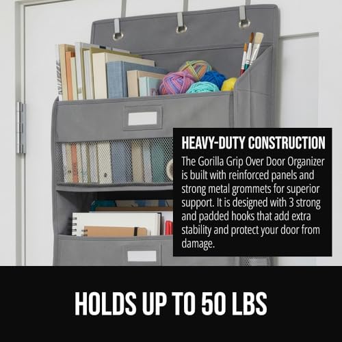 GORILLA GRIP Over The Door Organizer Storage, 5 Deep Hanging Shelves, Holds 50lbs, Closet Organizers Shelf for Bedroom, Shoes, Bathroom, Nursery, Dorm Essentials, 3 Metal Hooks, 58x15 Inches, Gray - color: Grey, size: 5 Shelf