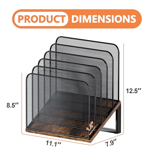 Piskyet Wooden Desk File Organizer, 5-Section Vertical File Folder Holder Stand,Metal Mail Paper Chromebook Organizer for Teacher Desk Office Classroom Desktop Organization（Inclined） - size: 5-Section Inclined