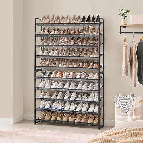 Nunsino Shoe Rack, Long Shoe Organizer,Max Holds 62 Pairs,10 Tier Metal Shoe Storage Shelf,5-Tier Stackable Shoes Organizer for Garage, Entryway,Black - color: Black, size: 10 Tier