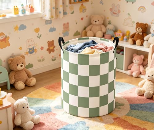 Baby Laundry Basket Baby Nursery Hamper Kids Laundry Basket Toy Storage Bin for Boys Room Decor Gift Baskets for Bedroom Bathroom(Green Checkered) - color: Green Checkered