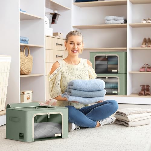 Sorbus Storage Bins with Metal Frame - Stackable & Foldable Clothes Organizer Bags - Oxford Fabric Storage Containers with Large Clear Window & Carry Handles Organization for Bedding Linen & Clothing - color: Teal, size: 4 Pack